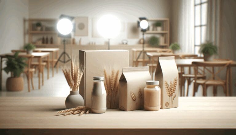 Primer plano de snacks saludables en empaque minimalista sobre mesa de madera clara, fondo desenfocado.