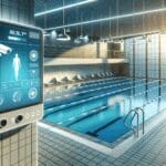 Un conjunto de piscinas modernas bajo vigilancia digital, con sensores visibles y ambiente seguro y soleado.