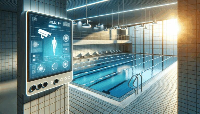 Un conjunto de piscinas modernas bajo vigilancia digital, con sensores visibles y ambiente seguro y soleado.