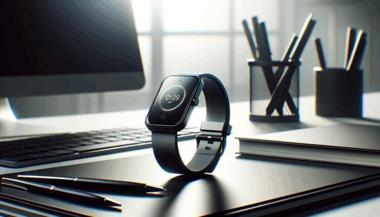 Un moderno dispositivo wearable en una mesa de trabajo tecnológica.
