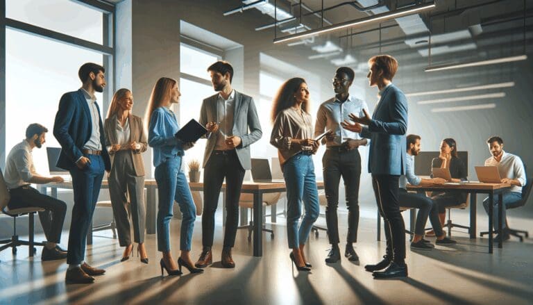 Emprendedores interactuando en un moderno espacio de coworking, tecnología y networking presentes.