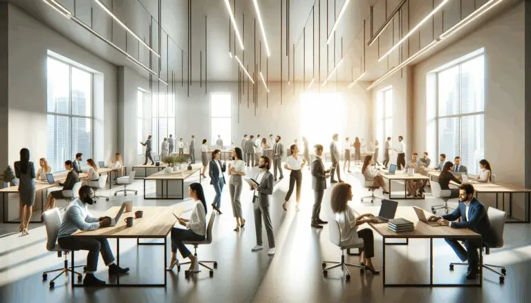 Emprendedores colaborando en un espacio de coworking iluminado y moderno, rodeados de tecnología.