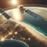 Satélite orbitando la Tierra, enfocando playas y zonas costeras con cálida luz solar.