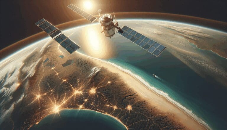 Satélite orbitando la Tierra, enfocando playas y zonas costeras con cálida luz solar.