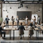 Directivos y emprendedores dialogando en un espacio moderno de coworking con laptops y pizarras digitales.