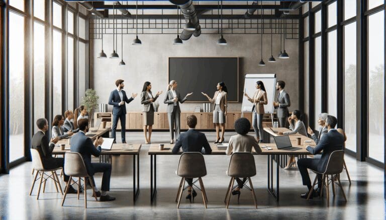 Directivos y emprendedores dialogando en un espacio moderno de coworking con laptops y pizarras digitales.