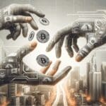 Ilustración conceptual de manos intercambiando dinero digital sobre fondo urbano y tecnológico.