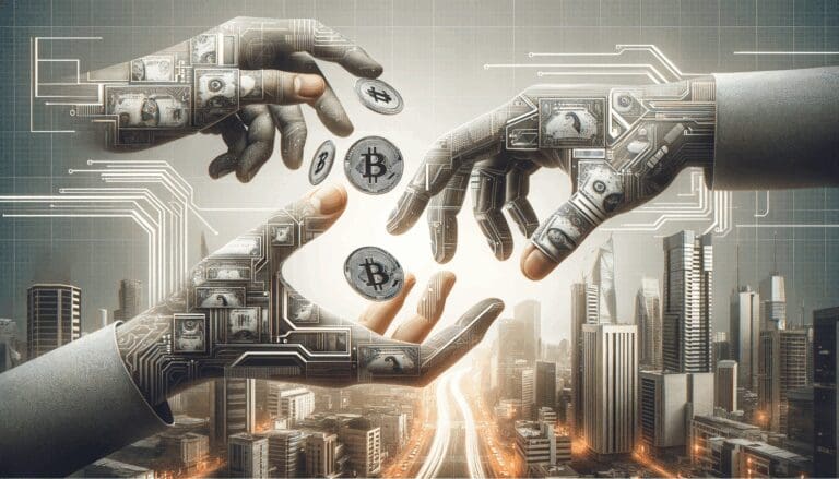 Ilustración conceptual de manos intercambiando dinero digital sobre fondo urbano y tecnológico.