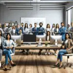 Equipo de emprendedores reunido en una oficina moderna con computadoras y pizarra digital.