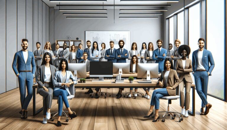 Equipo de emprendedores reunido en una oficina moderna con computadoras y pizarra digital.