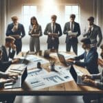 Emprendedores reunidos en una sala de coworking, analizando gráficos en laptops sobre una mesa.