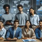 Equipo diverso de jóvenes emprendedores colaborando en una oficina moderna con pantallas y gráficas tecnológicas.