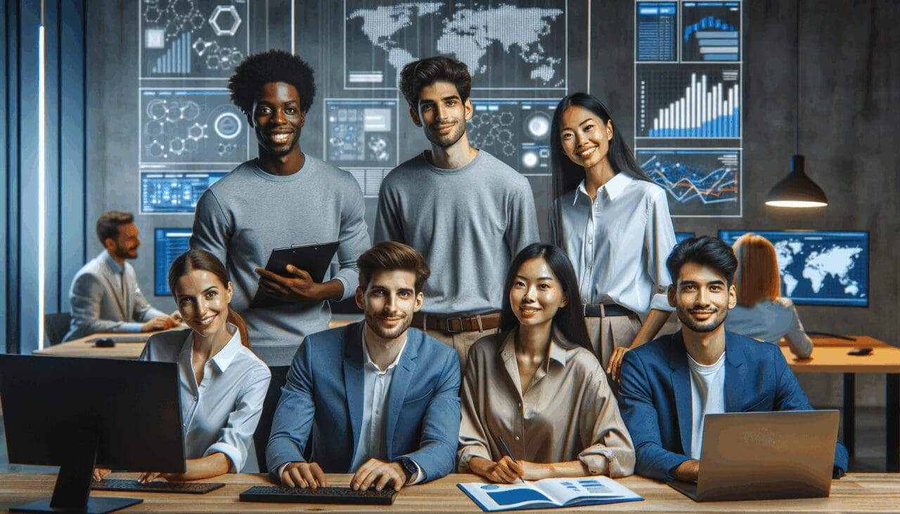 Equipo diverso de jóvenes emprendedores colaborando en una oficina moderna con pantallas y gráficas tecnológicas.