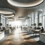 Oficina moderna de startup con espacios abiertos y ambiente corporativo profesional