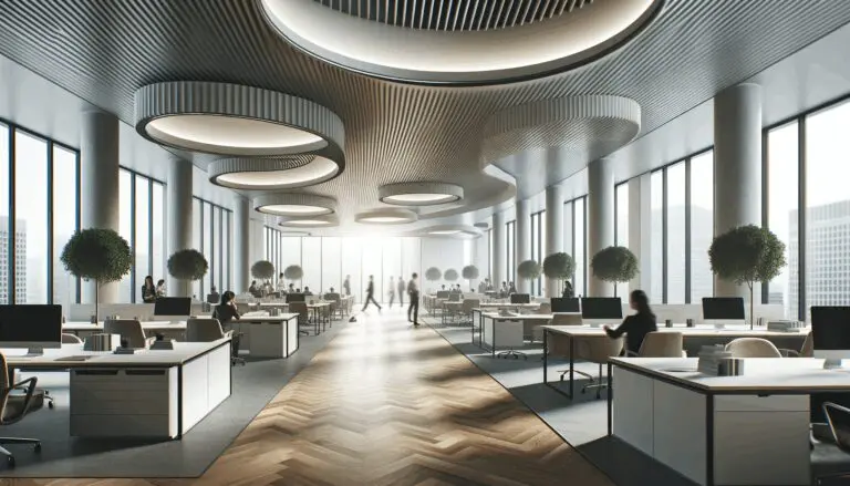 Oficina moderna de startup con espacios abiertos y ambiente corporativo profesional