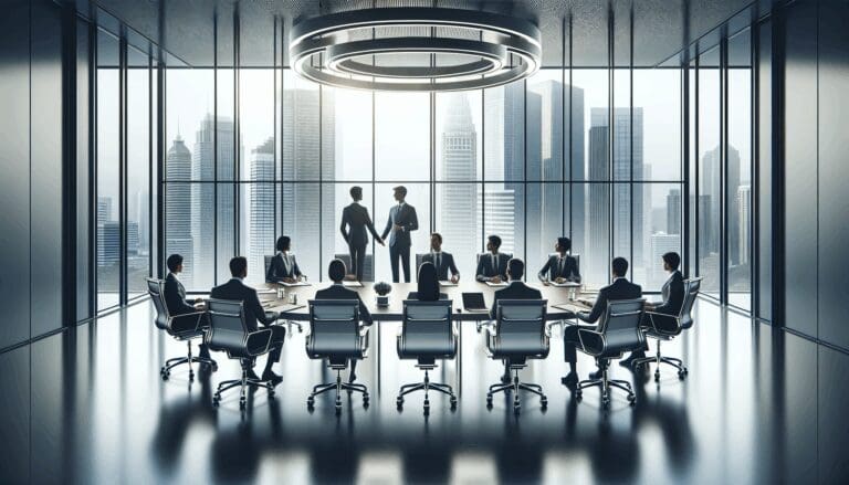 Reunión ejecutiva en una sala de conferencias moderna con ventanas panorámicas.