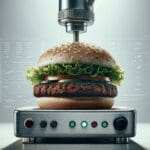 Close-up de una hamburguesa vegana en un entorno moderno y tecnológico