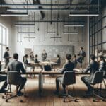 Reunión de emprendedores en un moderno espacio de coworking.