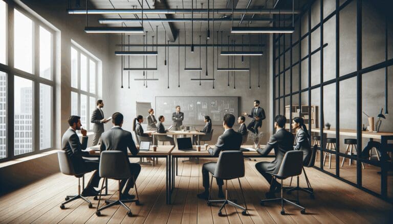 Reunión de emprendedores en un moderno espacio de coworking.