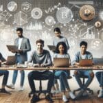 Equipo multicultural de jóvenes emprendedores usando laptops, rodeados de gráficos digitales y símbolos de criptomonedas en un espacio de coworking moderno.