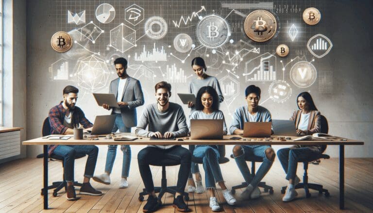 Equipo multicultural de jóvenes emprendedores usando laptops, rodeados de gráficos digitales y símbolos de criptomonedas en un espacio de coworking moderno.