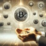 Primer plano de manos sosteniendo tokens digitales sobre un fondo tecnológico abstracto.