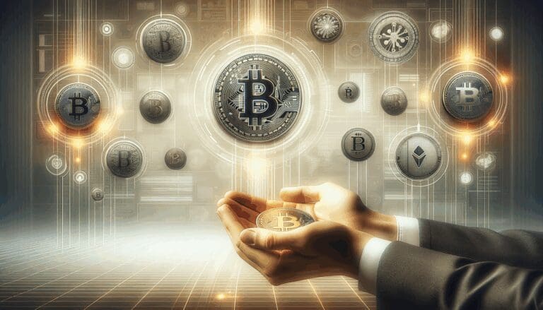 Primer plano de manos sosteniendo tokens digitales sobre un fondo tecnológico abstracto.