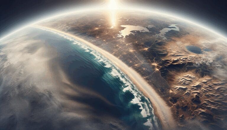 Imagen satelital de una playa extensa, resaltando detalles geográficos y ambientales desde el espacio.