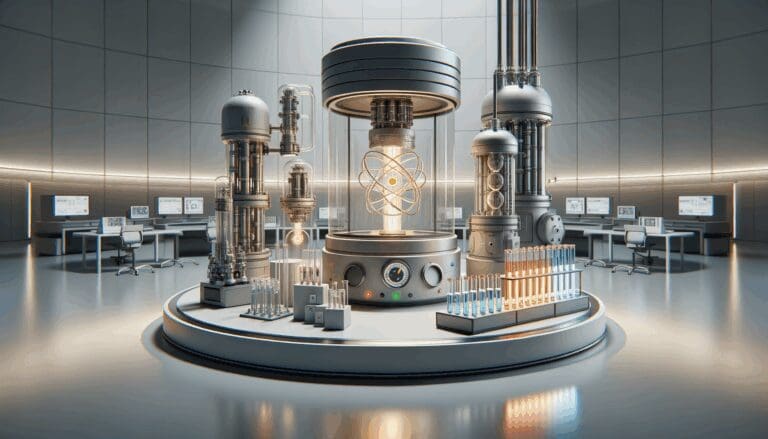 Primer plano de laboratorio tecnológico con tubos de ensayo y reactores de fusión modernos.
