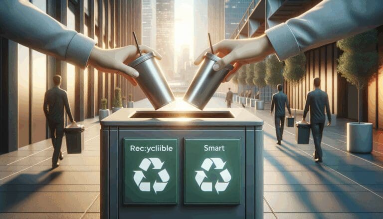 Manos depositando envases en un contenedor inteligente en un entorno urbano moderno, luz suave, enfoque sostenible.