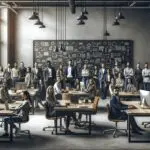 Emprendedores reunidos en un espacio de coworking moderno, rodeados de computadoras y pizarras.