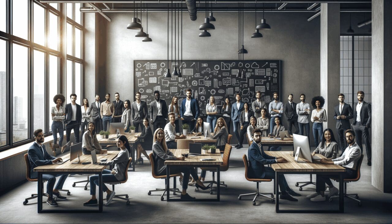 Emprendedores reunidos en un espacio de coworking moderno, rodeados de computadoras y pizarras.