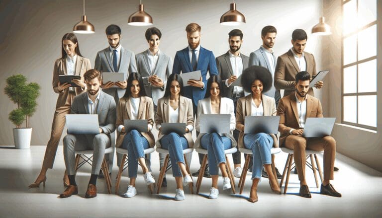 Equipo diverso de jóvenes profesionales trabajando en laptops en una oficina moderna y luminosa.