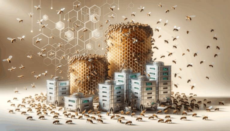 Enjambre de abejas trabajando en colmenas tecnológicas.