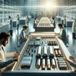 Primer plano de un laboratorio de tecnología avanzada, investigadores trabajando en baterías modernas sobre una mesa amplia.