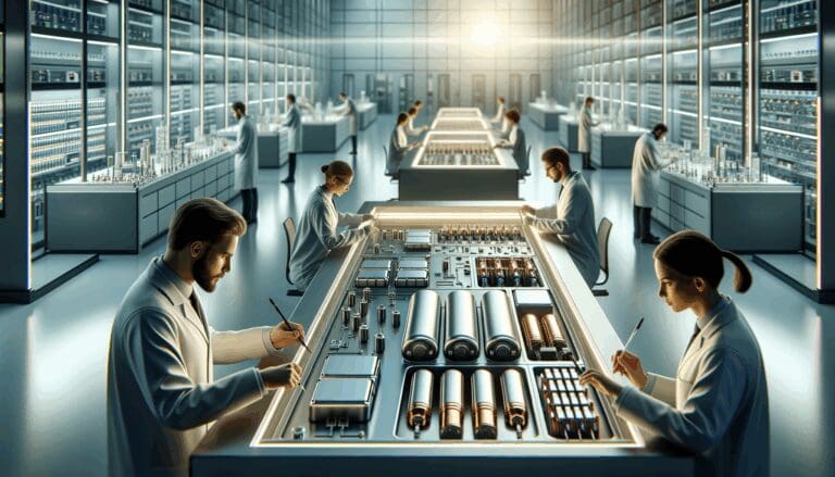 Primer plano de un laboratorio de tecnología avanzada, investigadores trabajando en baterías modernas sobre una mesa amplia.