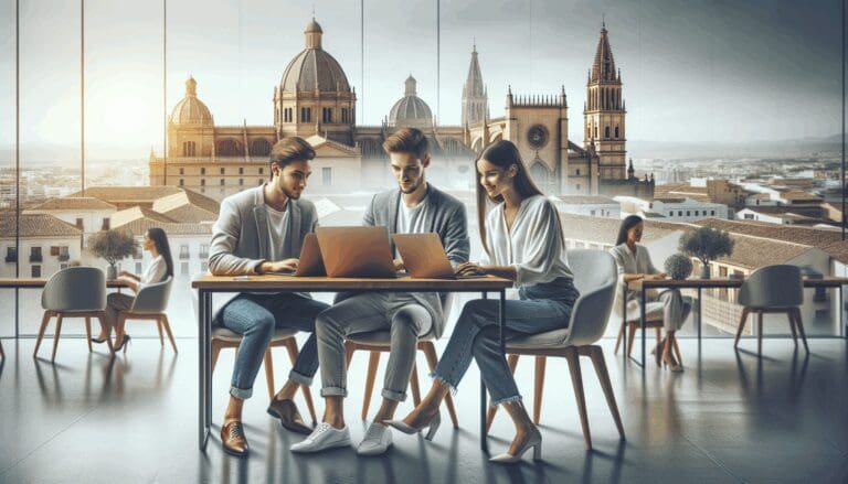 Oficina moderna con jóvenes emprendedores colaborando en laptops, fondo urbano de Córdoba.