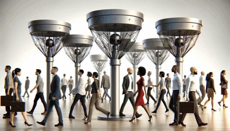 Sistema de radar tecnológico en funcionamiento en un espacio público concurrido, personas caminando entre sensores discretos.