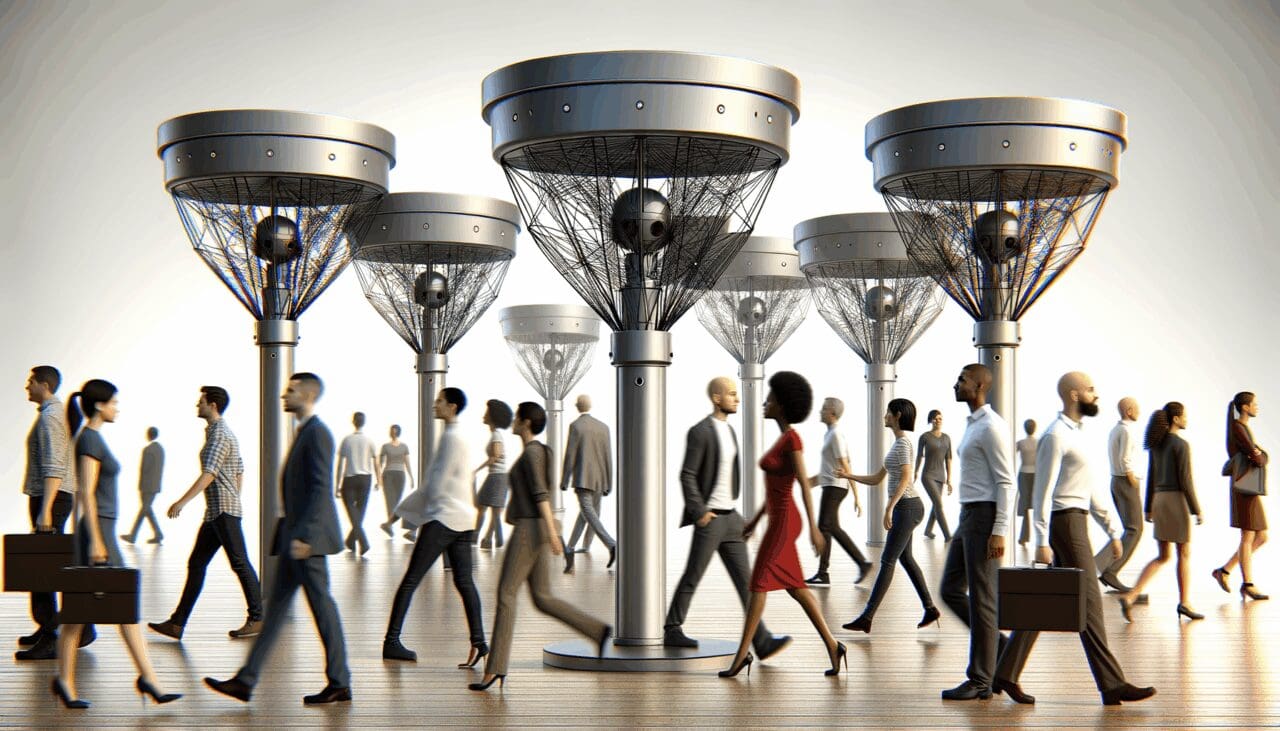 Sistema de radar tecnológico en funcionamiento en un espacio público concurrido, personas caminando entre sensores discretos.