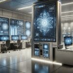 Laboratorio de tecnología cuántica con computadoras avanzadas y pantallas digitales.