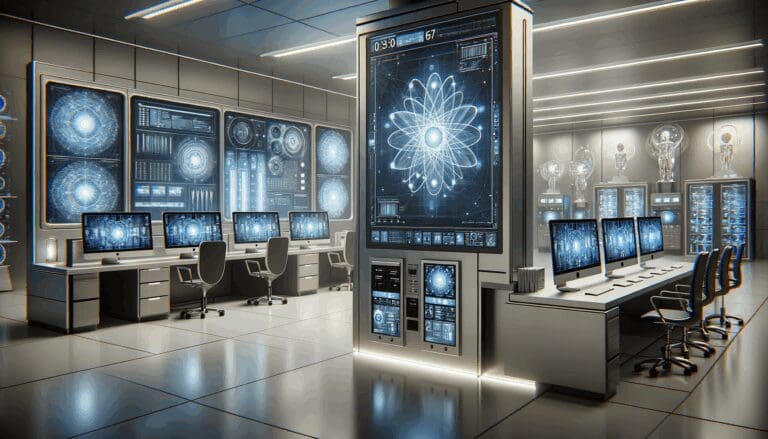 Laboratorio de tecnología cuántica con computadoras avanzadas y pantallas digitales.