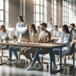 Profesionales de la salud interactuando con computadoras en un espacio de coworking moderno.
