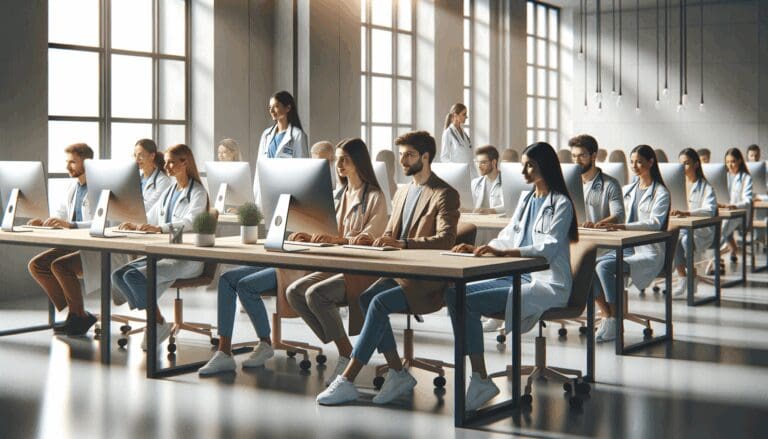 Profesionales de la salud interactuando con computadoras en un espacio de coworking moderno.