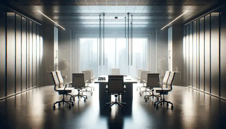 Oficina vacía con sillas y escritorios en luz tenue, transmitiendo pausa o cierre próximo.