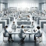 Laboratorio moderno con científicos trabajando en materiales innovadores