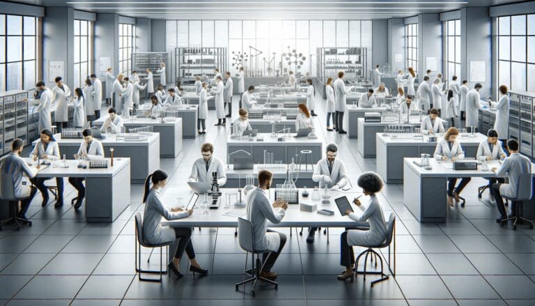 Laboratorio moderno con científicos trabajando en materiales innovadores