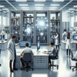 Laboratorio moderno de tecnología con personas colaborando y equipos cuánticos visibles sobre mesas de trabajo