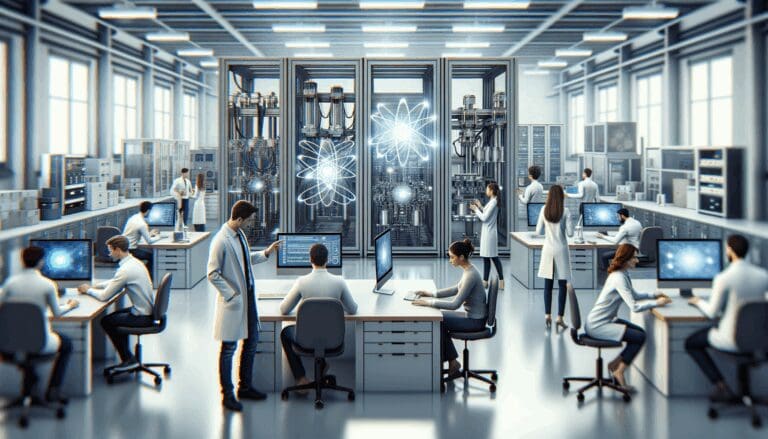 Laboratorio moderno de tecnología con personas colaborando y equipos cuánticos visibles sobre mesas de trabajo