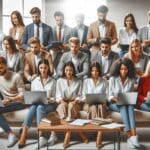 Equipo de jóvenes profesionales trabajando en laptops desde una sala de estar moderna y luminosa.