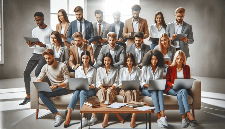 Equipo de jóvenes profesionales trabajando en laptops desde una sala de estar moderna y luminosa.